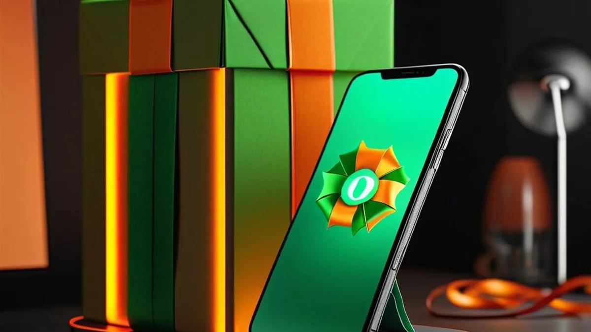 Celular con pantalla verde apoyado en una caja de regalo naranja y verde