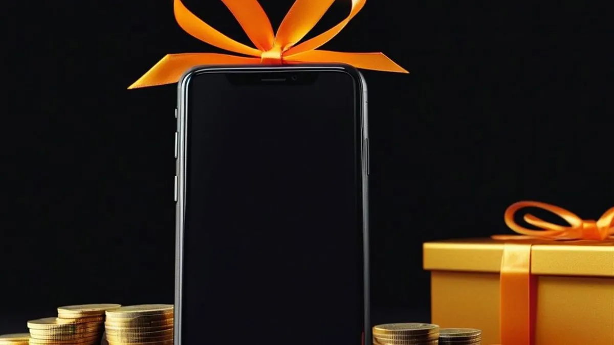 Celular envuelto con un moño naranja junto a monedas doradas y una caja de regalo