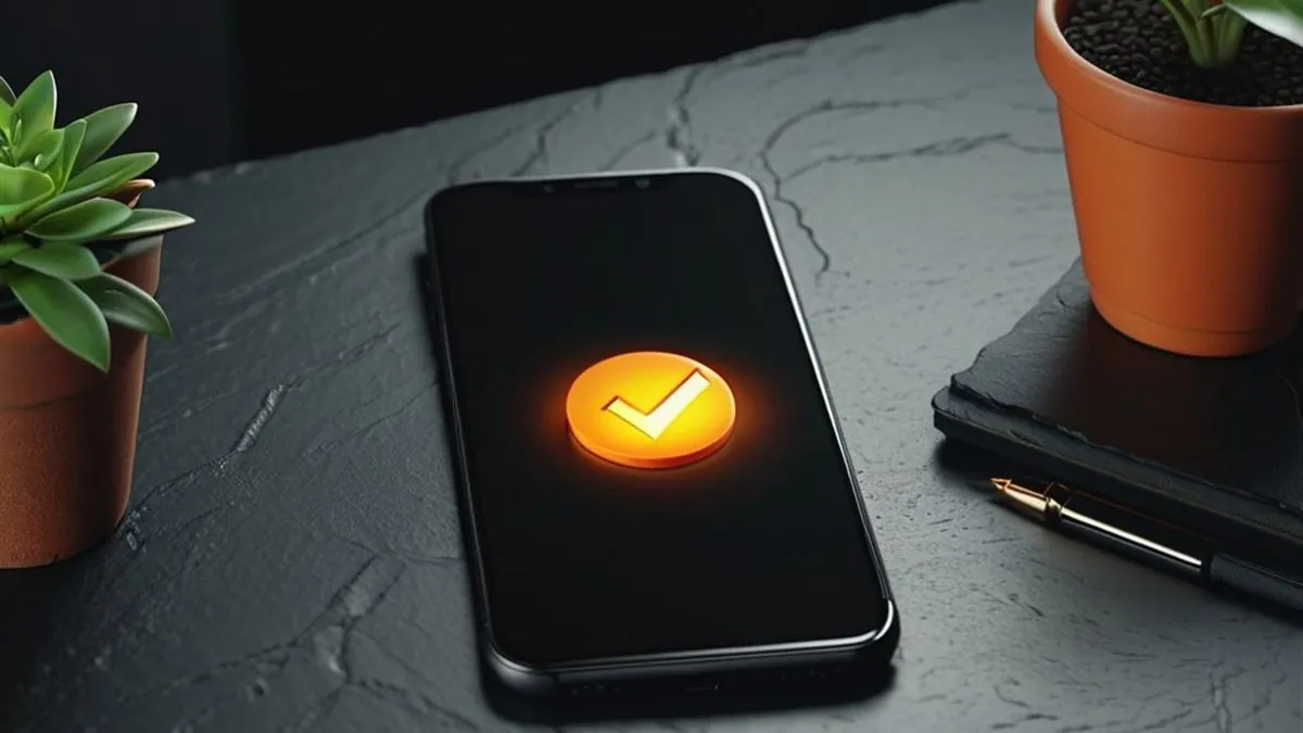 Celular sobre una mesa de pizarra con una marca de verificación naranja en pantalla