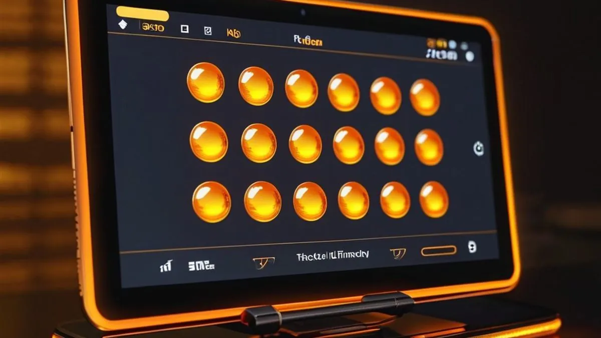 Tablet con una cuadrícula de gemas naranjas en pantalla y luz naranja sobre el escritorio