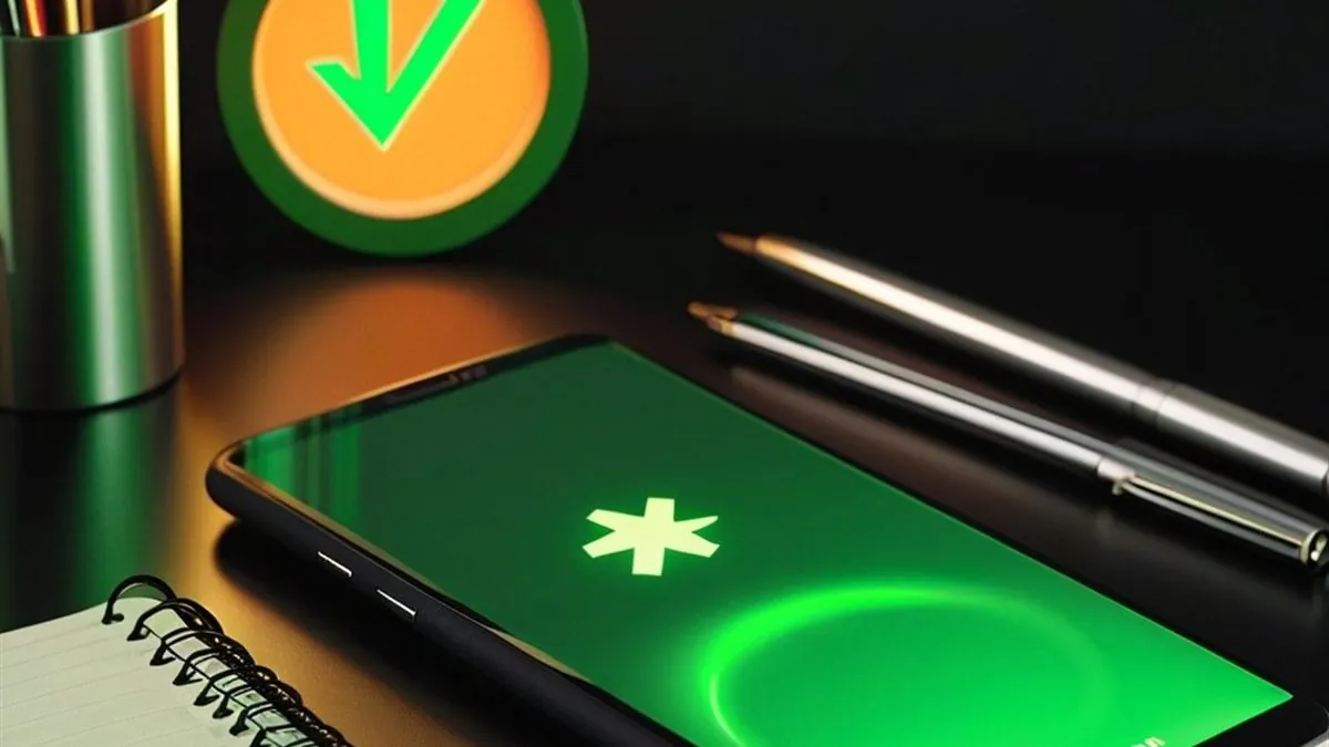 Celular con pantalla verde sobre un cuaderno junto a una insignia naranja con marca de verificación