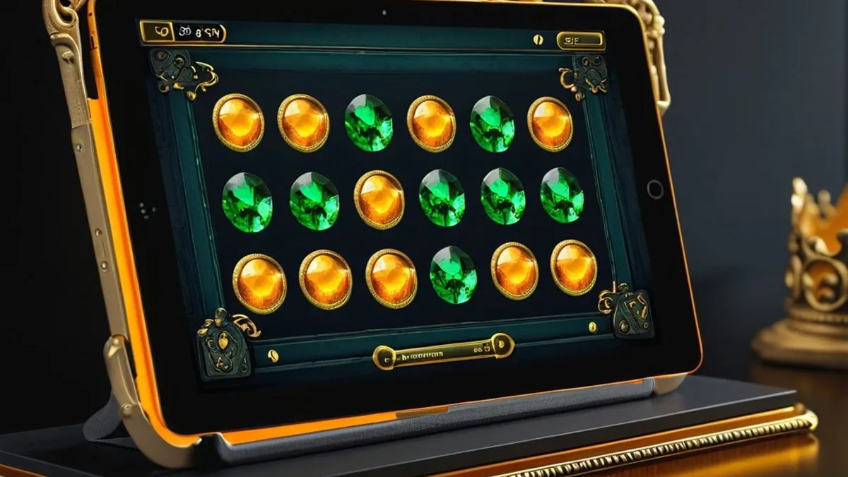 Tablet con una tragamonedas de esmeraldas y monedas doradas en un marco dorado